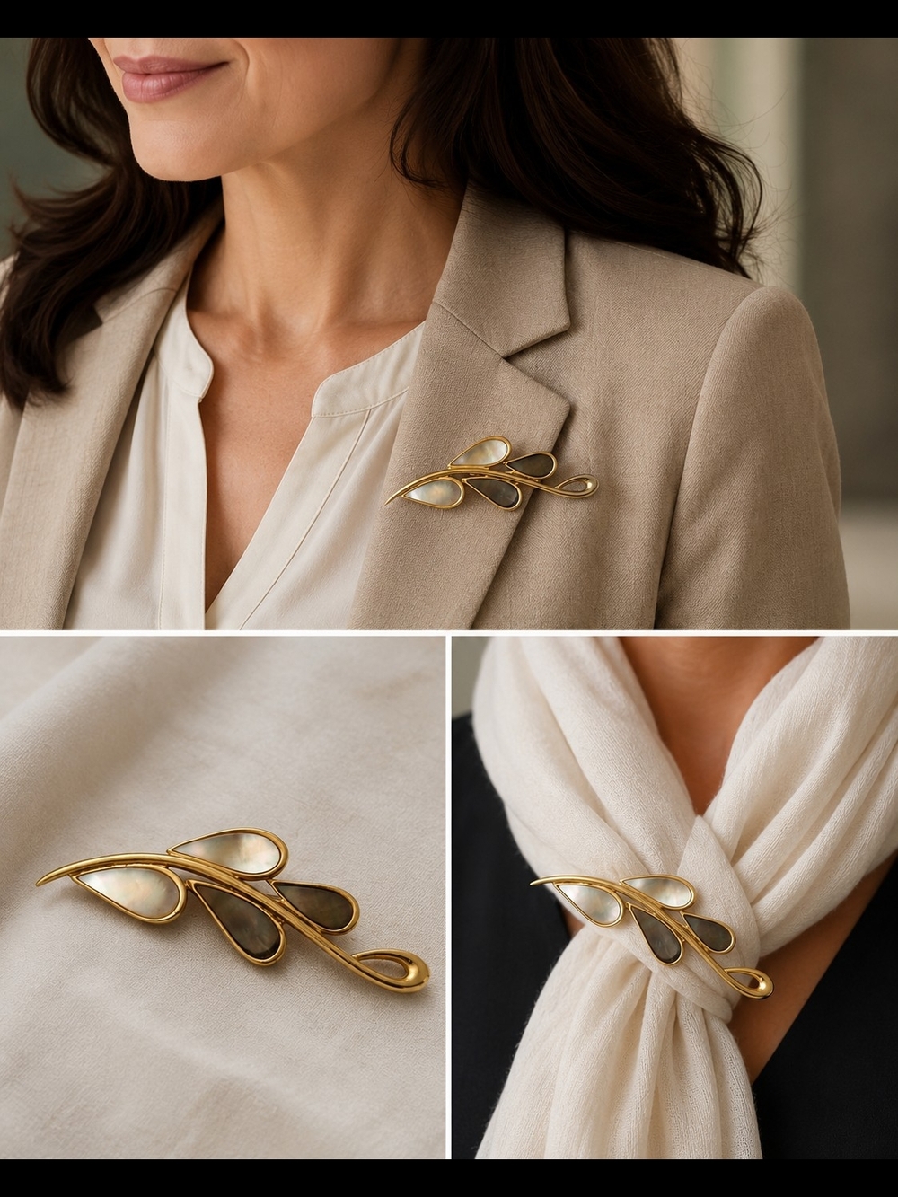 Butler Elegant Gold-Tone Leaf Brooch with Mother-of-Pearl and Smoky Inlays